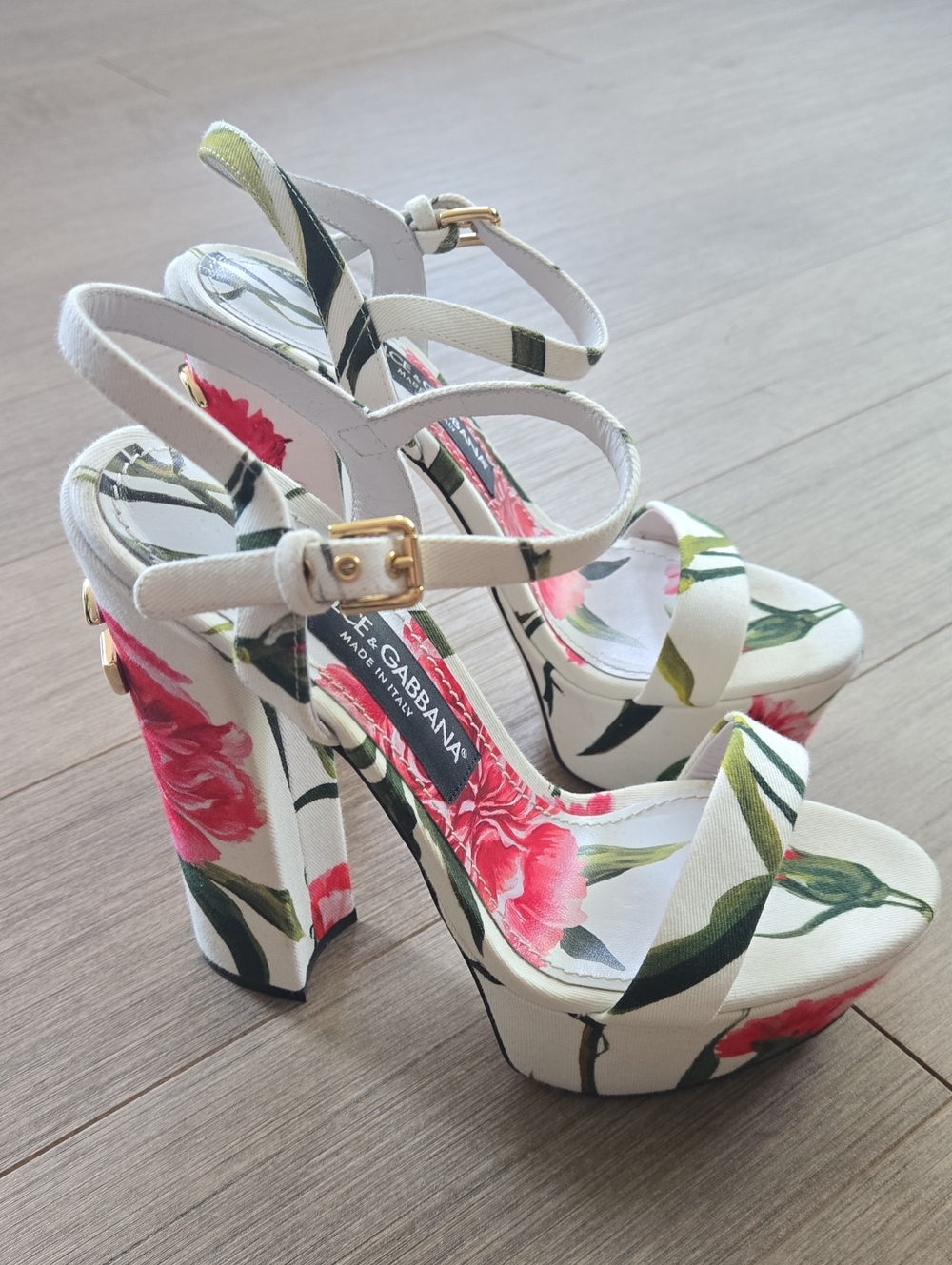 Dolce & Gabbana White Floral Platform Sandals with Pink and Green Accents